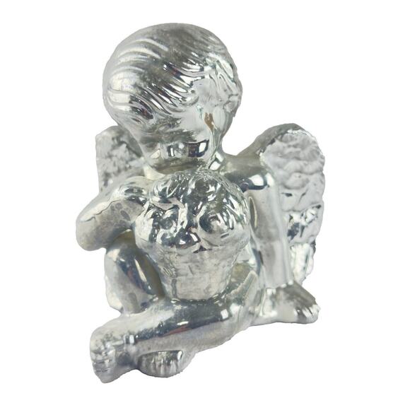 Vintage Silver Angel Figurine Cherub Statue 90s Holiday Decor Guardian Angel - Picture 3 of 16